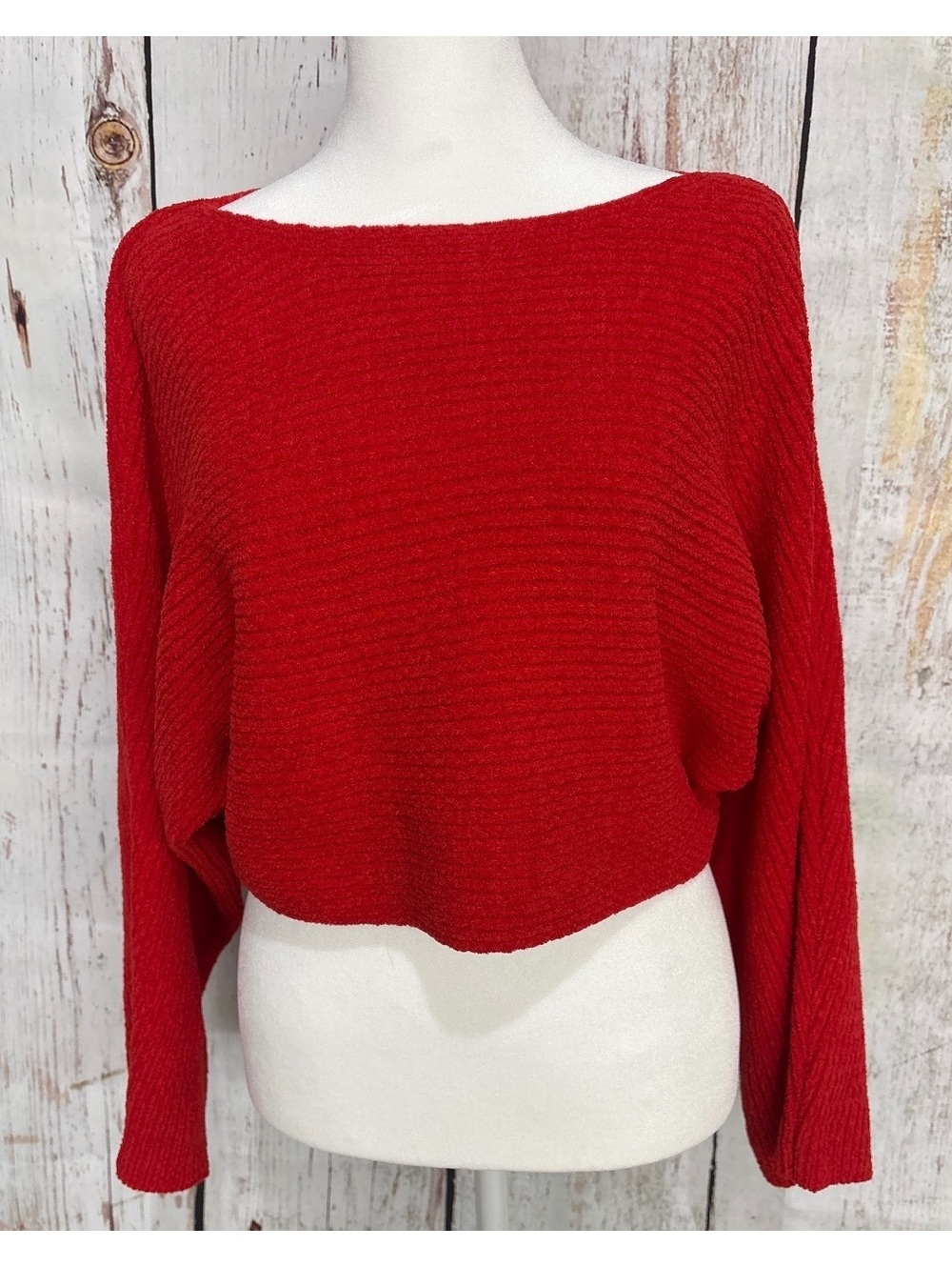 Forever 21 Women's Cropped Red Ribbed Long Sleeve Sweater Top Size Small